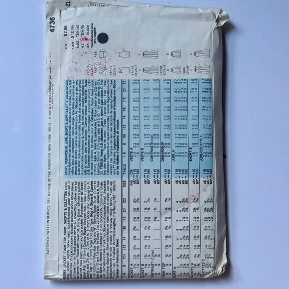 Butterick 4736 Today's Wardrobe Misses Jacket, tank top, skirt, shorts & Culotte - Picture 2 of 3